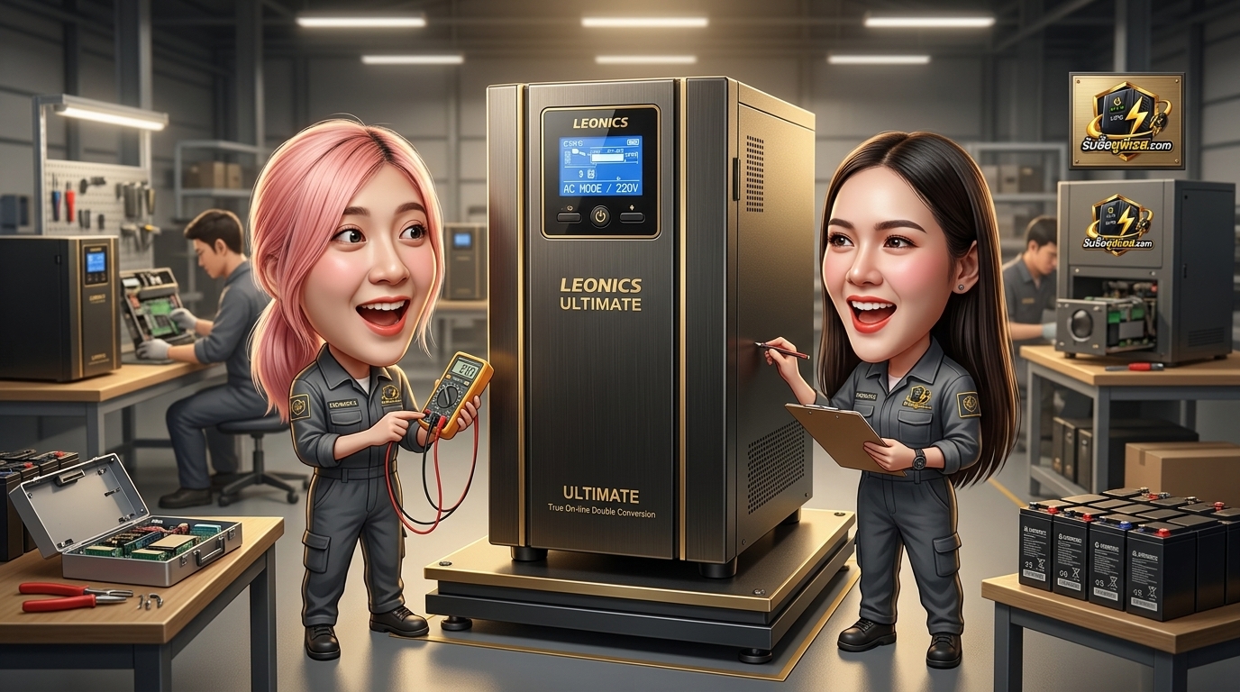 บริการรับซื้อ UPS Leonics ULTIMATE ตรวจสอบแผงควบคุมและฉลากข้อมูลด้านหลังเครื่องสำรองไฟฟ้า