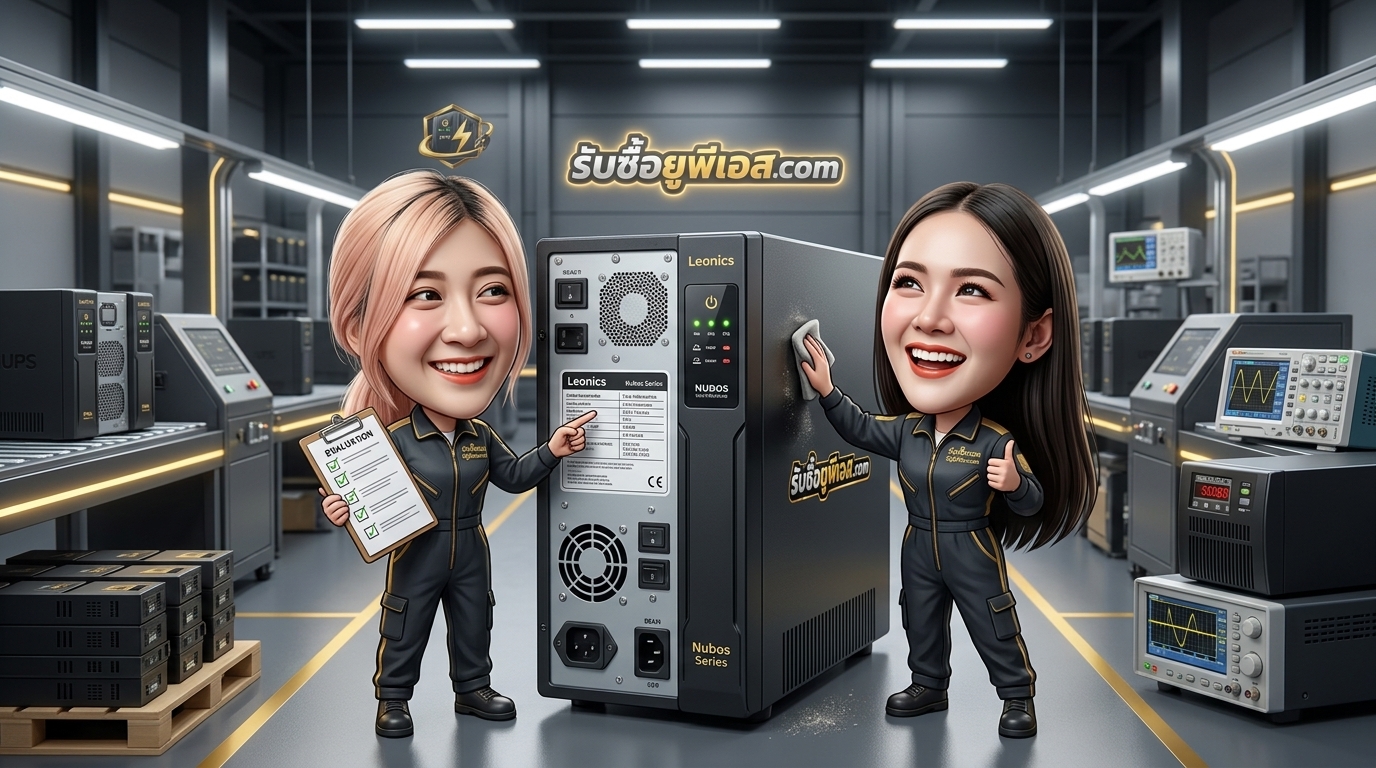 ป้ายสเปกและตัวเครื่อง UPS Leonics Nubos Series สำหรับการตรวจสภาพและประเมินราคารับซื้อ