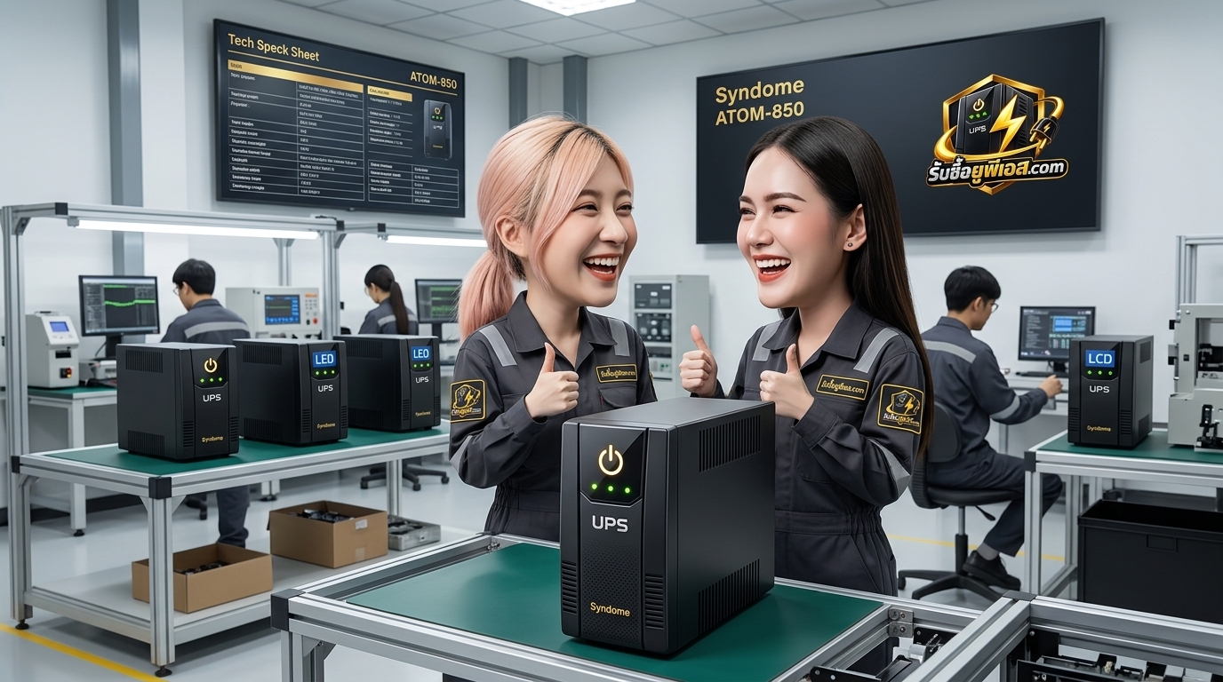 รับซื้อ UPS Syndome ATOM-850 ตรวจสอบสภาพป้ายสเปกและเต้ารับด้านหลังเครื่องสำรองไฟ